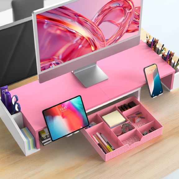 Simple Houseware Desk Dual Monitor Stand Riser with Drawer, Pink