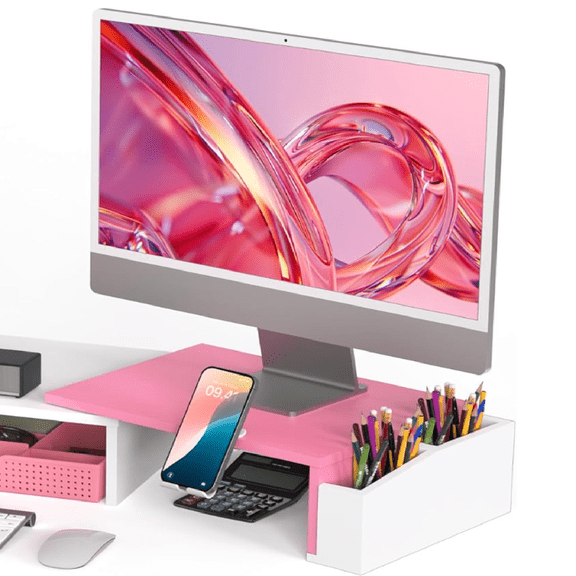 Simple Houseware Desk Dual Monitor Stand Riser with Drawer, Pink