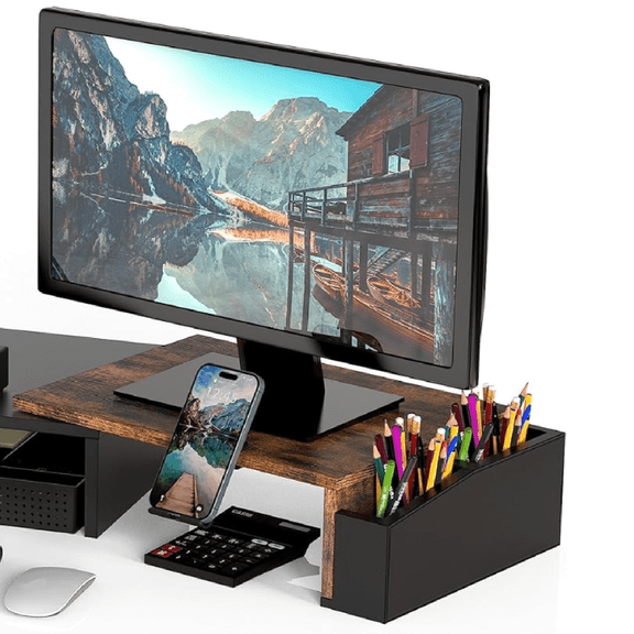 Simple Houseware Desk Dual Monitor Stand Riser with Drawer, Rustic Brown
