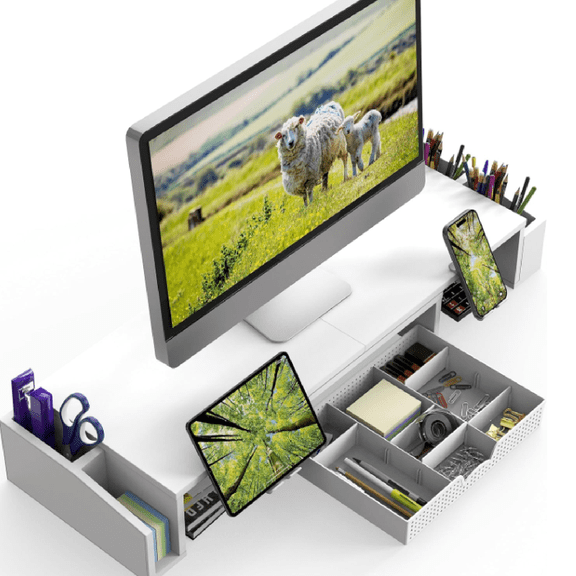 Simple Houseware Desk Dual Monitor Stand Riser with Drawer, White