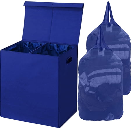 Simple Houseware Double Laundry Hamper with Lid and Removable Laundry Bags, Dark Blue