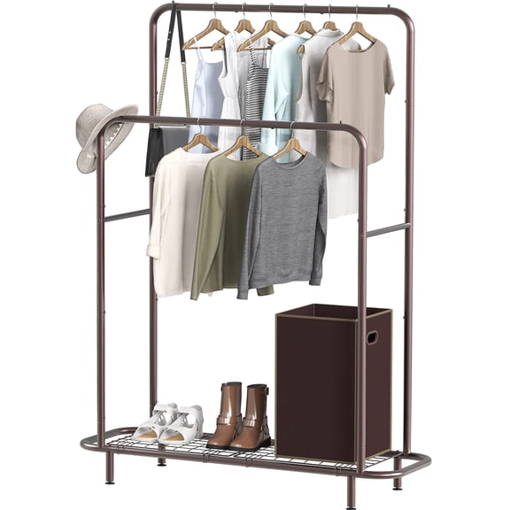 Simple Houseware Double Rod Clothing Garment Rack with Industrial Pipe and Bottom Shelves, Bronze