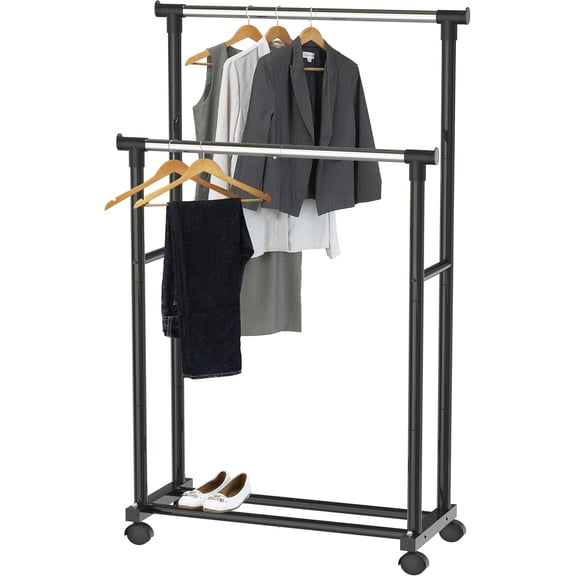 Simple Houseware Double Rod Portable Clothing Garment Rack, Adjustable Heavy-Duty Rolling Clothes Organizer for Bedrooms, Laundry Rooms, Apartments & Dorms