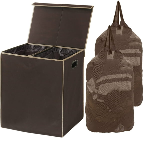 Simple Houseware Double Laundry Hamper with Lid and Removable Laundry Bags, Brown