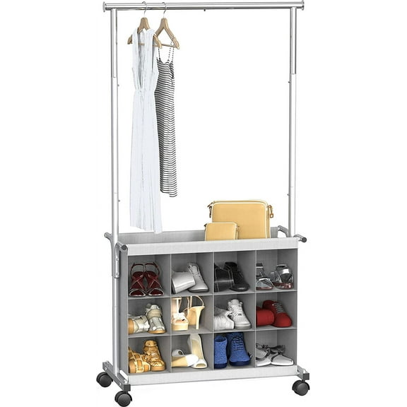 Simple Houseware Garment Rack with 16 Shoes Organizer, Gray