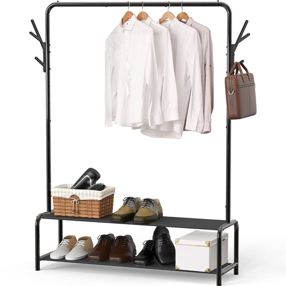 Simple Houseware Garment Rack with Storage Shelves and Coat/Hat Hanging Hooks, Black