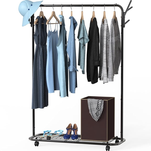 Simple Houseware Industrial Style Garment Rack With Wheels And Hooks, Black