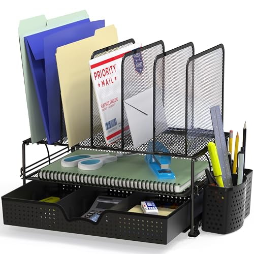 Black Mesh Desk Organizer with Sliding Drawer and Double Tray