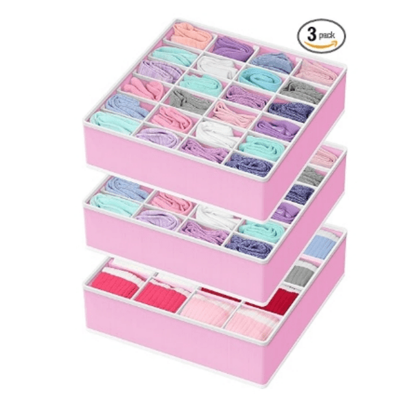 Simple Houseware Sock Drawer Organizer for Dresser/Closet/Bedroom, 3 Pack, Pink