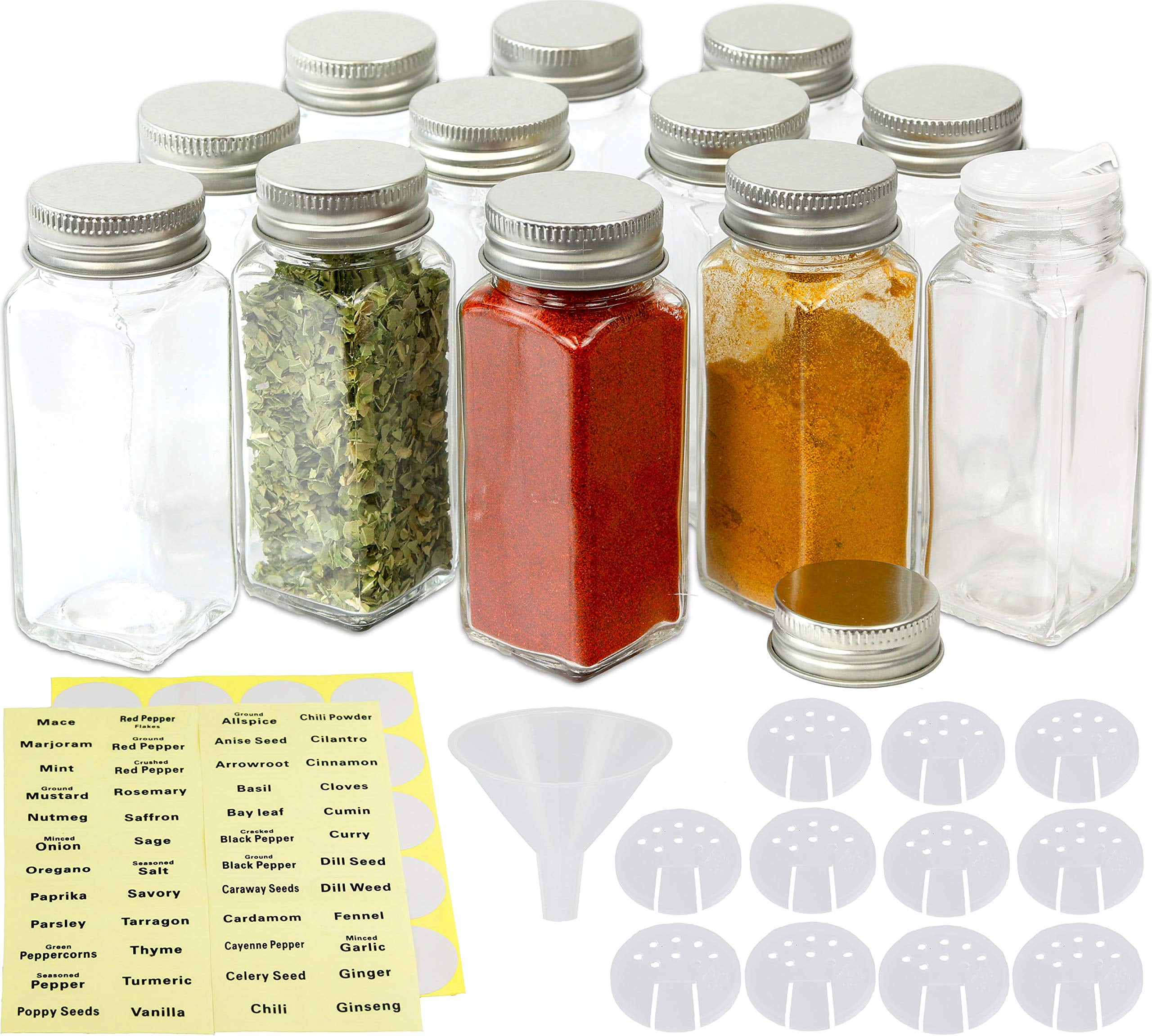 Limei 1 Pack Glass Spice Jars, Reusable Clear 4 oz Square Seasoning Containers with Silver Metal Caps and Pour/Sift Shaker Lids Spice Jars with Labels
