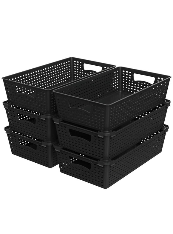 Simple Houseware Stackable Plastic Woven Basket Organizer, 6 Pack, Black