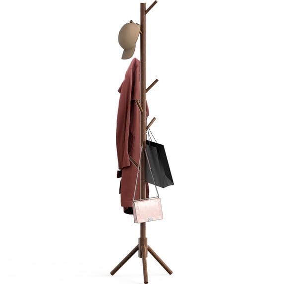 Simple Houseware Wooden Coat Rack with Free Standing under Tree-Shaped, 8 Hooks, Walnut