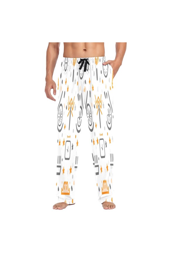 Simple Icons Pattern Mens Cotton Pajama Pants Long Staple Lightweight Sleep Bottoms with Pockets Breathable