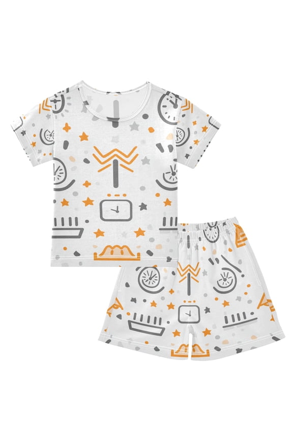 Simple Icons Pattern Summer Pajama Set Soft Cotton Short Sleeve Sleepwear 2PCS Pajama Sets Breathable Lounge Set Size 5Y