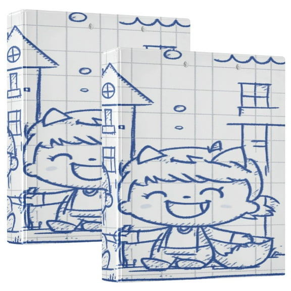 Simple Illustration Two Kids 12.4x10.6in PVC Round Ring Binder, D-Ring 3-Hole, Metal Clip, 200 Sheets