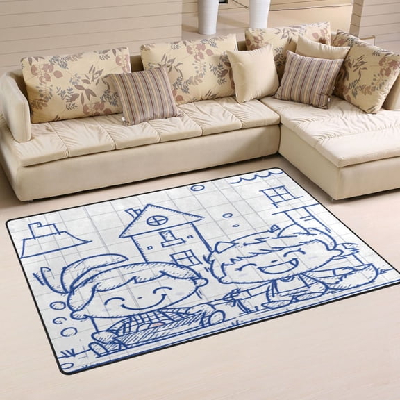 Simple Illustration Two Kids Soft Polyester Area Rug 31''x20'', Non Slip, Memory Foam, Water Absorbent