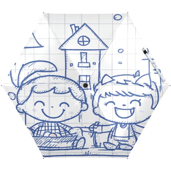 Simple Illustration Two Kids Umbrellas for Sun Auto Open Close UV50+ Waterproof 5-Fold Compact Fiberglass Frame