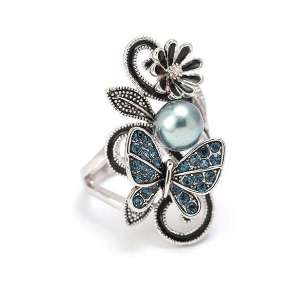 Simple Ink Blue Pearl Butterfly Diamond Female Ring