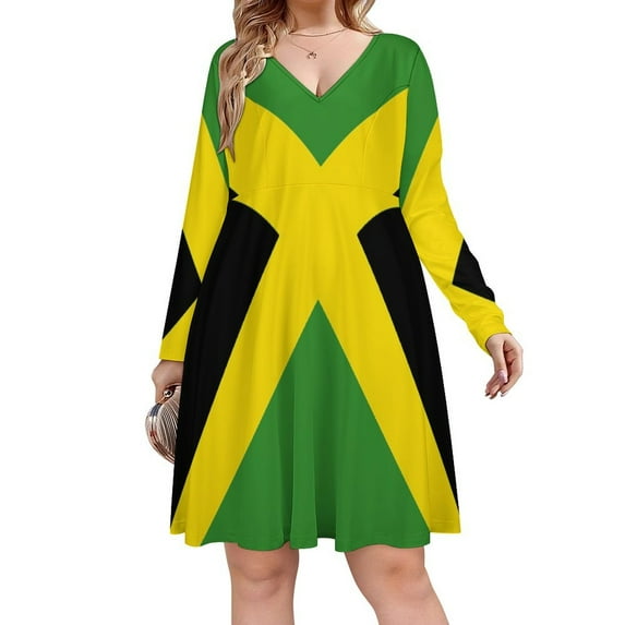 Simple Jamaican Flag Long Sleeve Dresses For Women Vintage Elegant Party Dress Oversized V-neck Dress S-8XL
