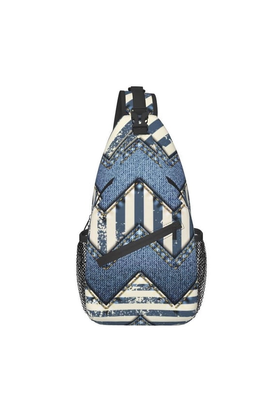 Simple Jeans Chevron Stripes Pattern Sling Bag for Cycling Camping Men Denim Patchwork Chest Crossbody Backpack Shoulder Daypack