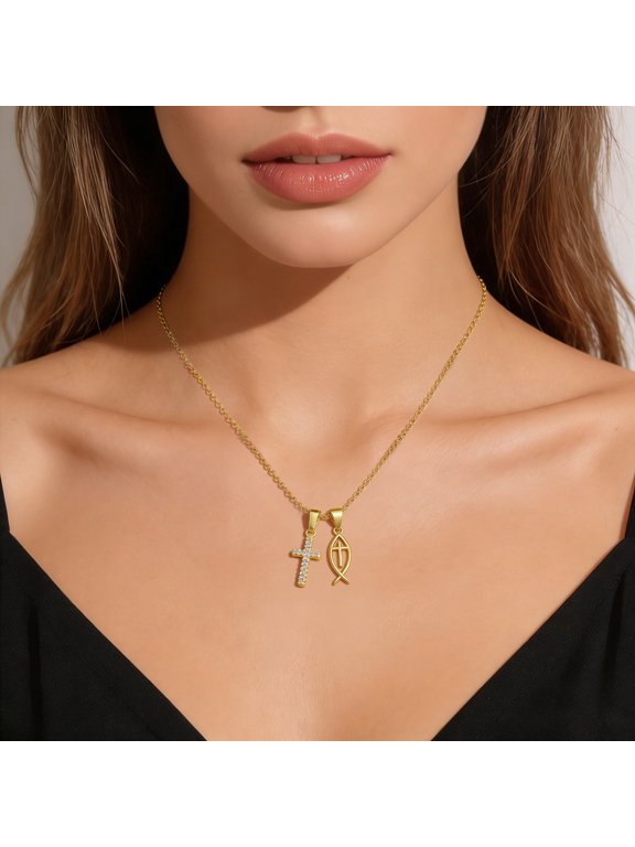 Simple Jesus Fish Cross 14K Gold Filled Pendant Necklace for Women, Religious Faith Chain Jewelry