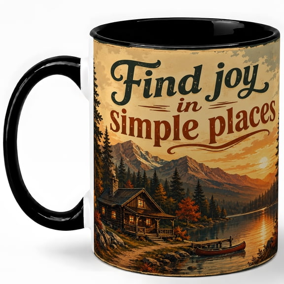 Simple Joy Cabin 11oz Ceramic Mug, Vintage Lake Nature Design
