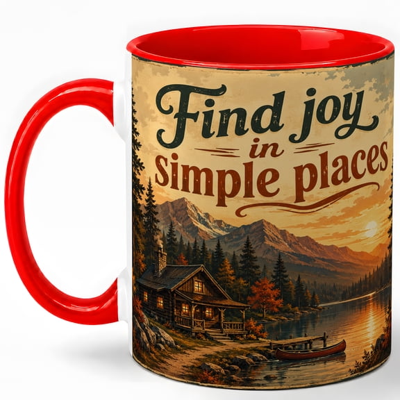 Simple Joy Cabin 11oz Ceramic Mug, Vintage Lake Nature Design