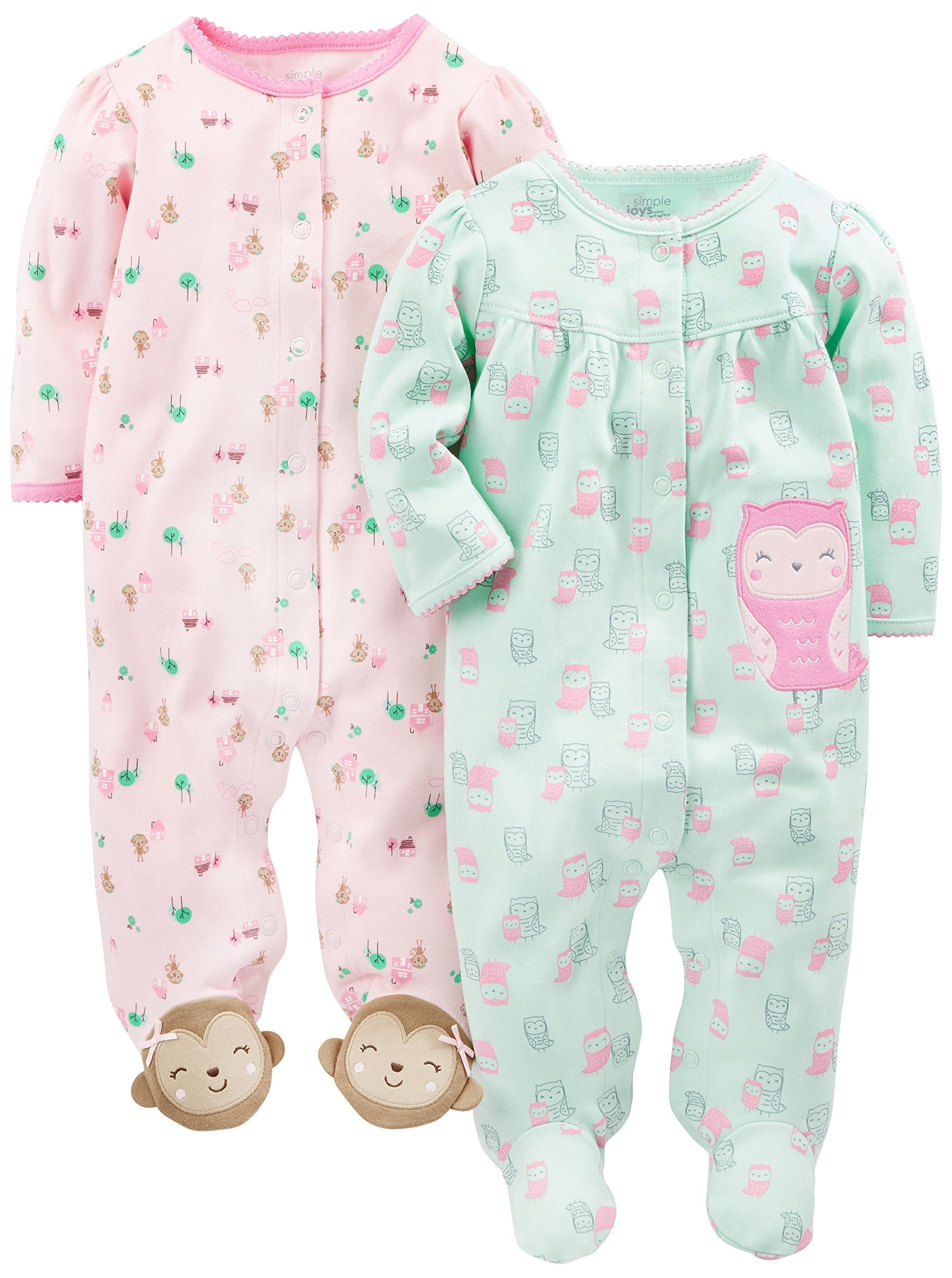 Simple Joys by Carter's Baby Girls' 2-Pack Cotton Snap Footed Sleep and Play 6-9 Months Owl/Monkey