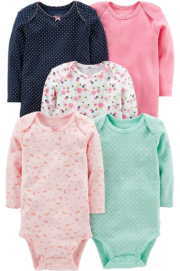 Simple Joys by Carter's Baby Girls' 5-Pack Long-Sleeve Bodysuit, Pink/Navy/Mint, 18 Months