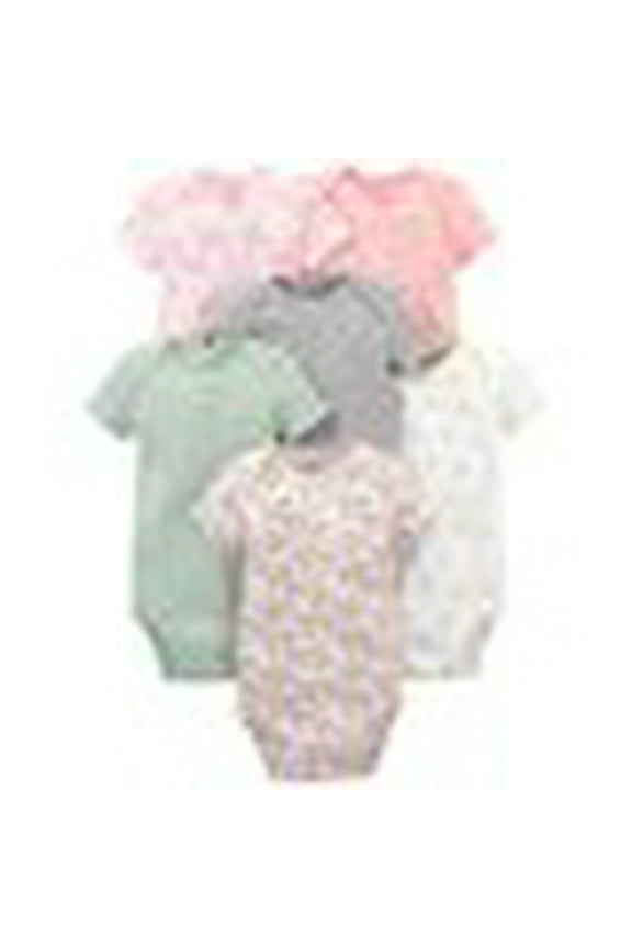 Baby Girls' 6-Pack Short-Sleeve Bodysuit, Pink Dino, Floral, Mint, White, Gray, Preemie