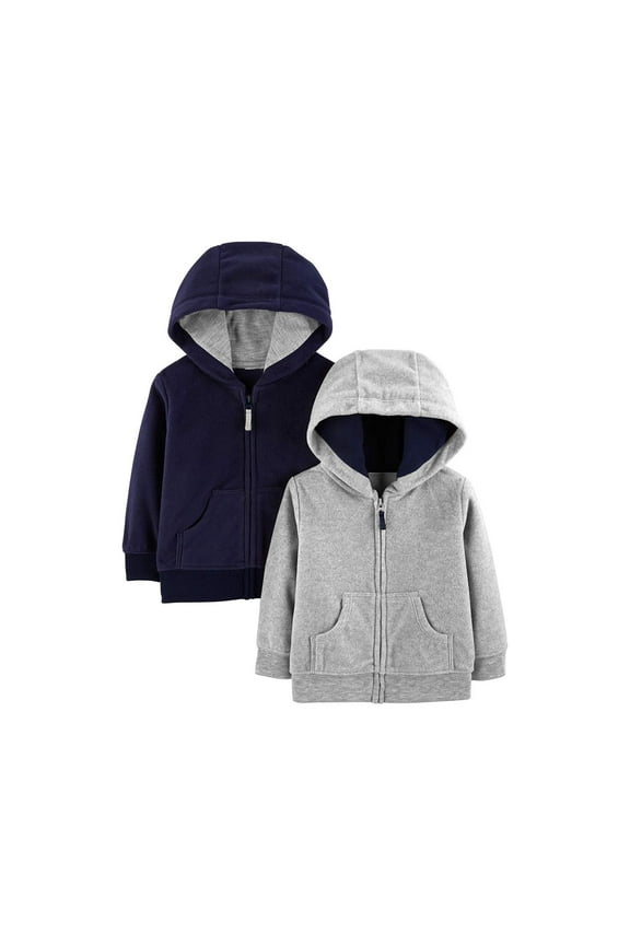Boys' Fleece Full-Zip Hoodies, 2-Pack, 18 Months, Gray/Navy