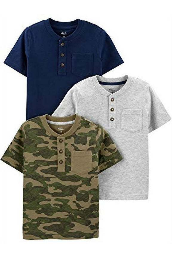 Boys' Toddler 3-Pack Short-Sleeve Pocket Henley Tee Shirt, Navy/Heather Grey/Camo, 2T