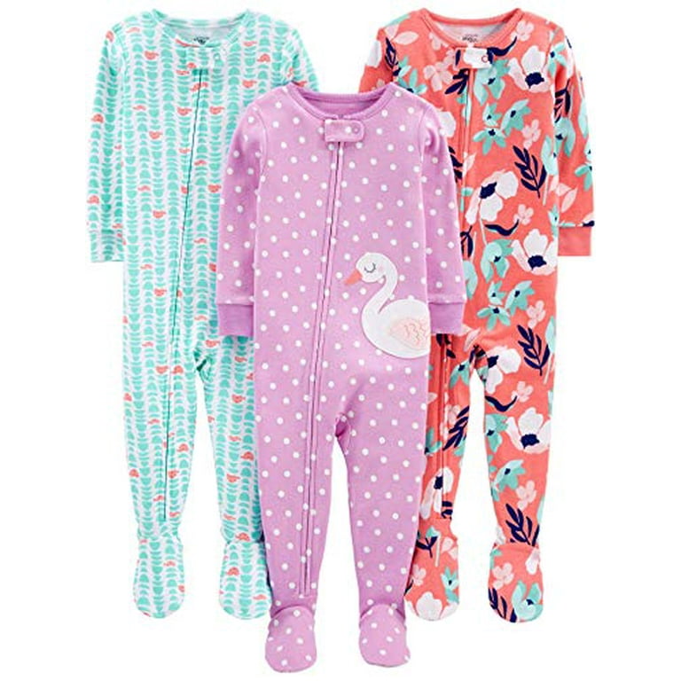 Simple Joys by Carter's Girls' 3-Pack Snug Fit Footed Cotton Pajamas,  floral/turtle/swan, 18 Months