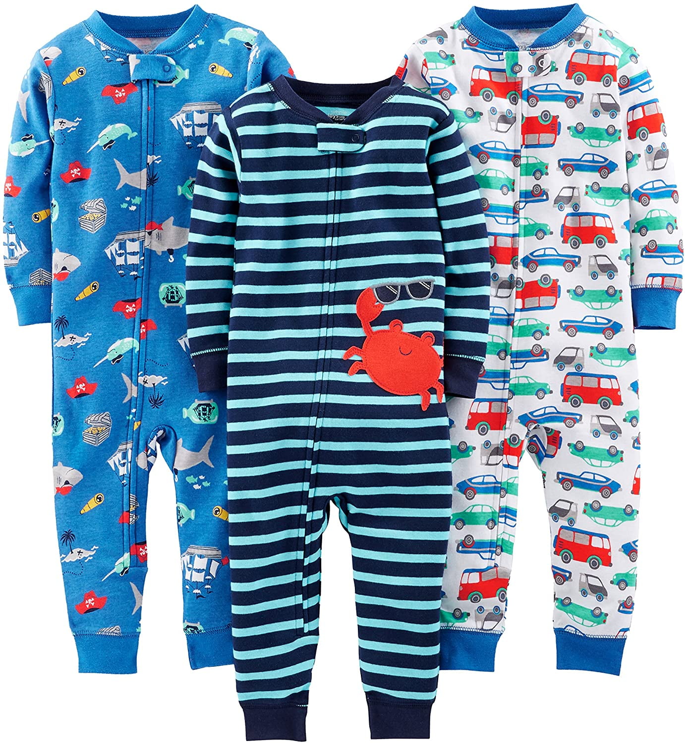 Simple Joys by Carter s Toddlers and Baby Boys Snug Fit Footless Cotton Pajamas Pack of 3 3T Blue Sea Life Navy Stripe White Cars