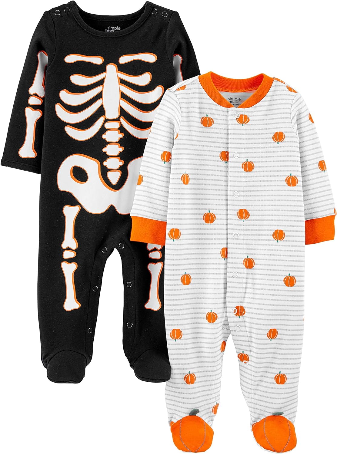 Simple Joys by Carter's Unisex Babies' Halloween Cotton Snap Footed Sleep  and Play, Pack of 2 Preemie Halloween Pumpkin/Skeleton Regular