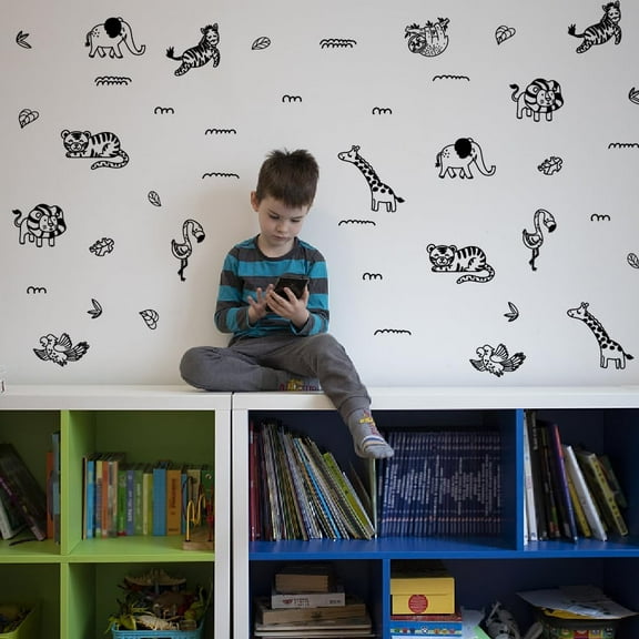 Simple Jungle Animals Wall Decal Tropical Rain Forest Wall Decor with Elephants Tigers Vinyl Wall Decals Black Wall Decals Window Bedroom Decorations Colorful