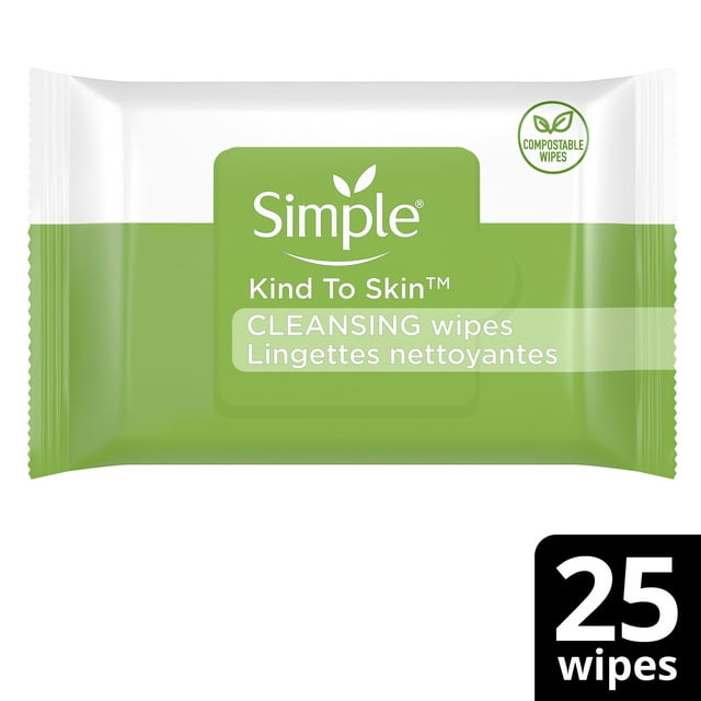 Simple Kind to Skin Facial Wipes Cleansing Free from color and dye, artificial perfume and harsh chemicals Gentle and Effective Makeup Remover 25 Wipes