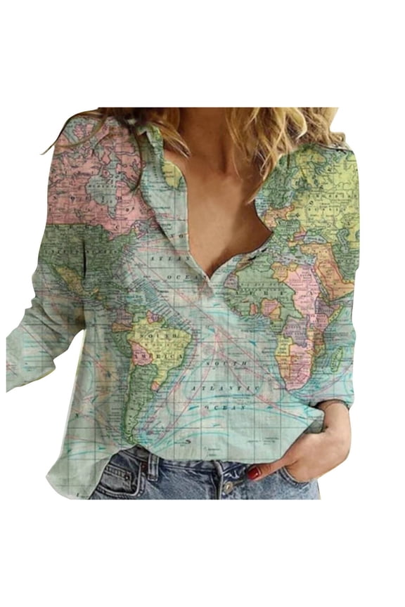 Basic Office Shirt Womens Lapel Button Shirt World Map Print Long Sleeve Loose Casual Top