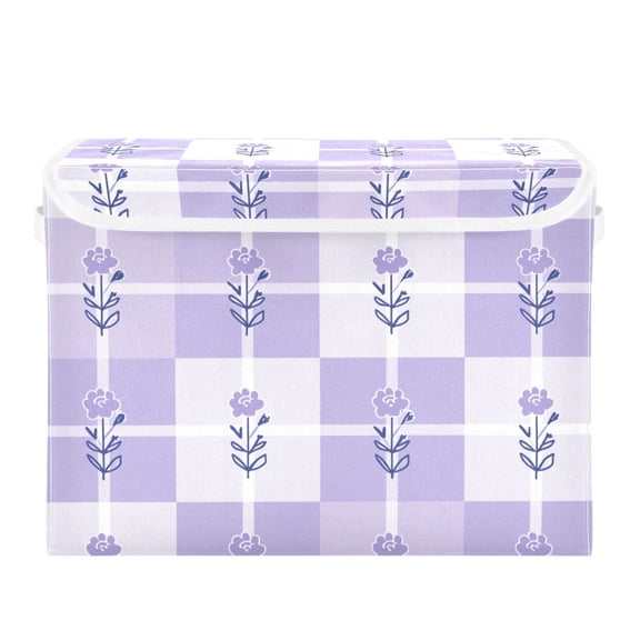 Simple Lavender Pastel Checkered Pattern with Flowers Foldable Storage Bins with Lids Handles Collapsible Storage Containers Tote Boxes 16.5 x 12.6 x 11.8 inches