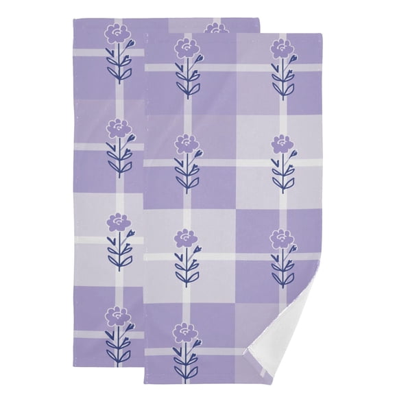 Simple Lavender Pastel Checkered Pattern with Flowers Hand Towel Absorbent Bath Towels for Bathroom Sports Gym 28" x 14" Set of 2