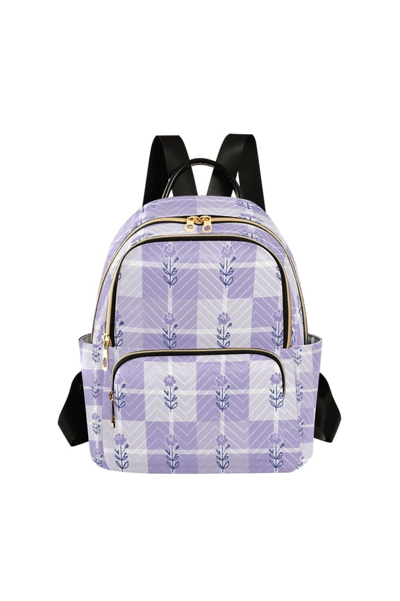 Simple Lavender Pastel Checkered Pattern with Flowers Quilted Backpack Fashion Daypack Commuter Bag for Women 8.5 L