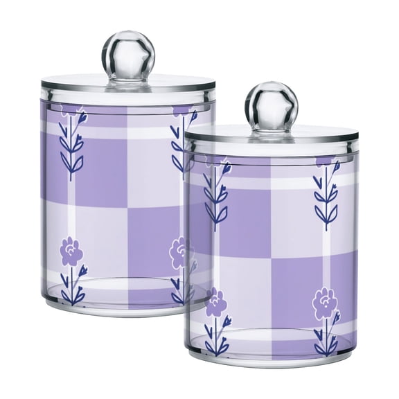 Simple Lavender Pastel Checkered Pattern with Flowers Translucent Plastic Cans Storage Canisters with Lid Set of 2