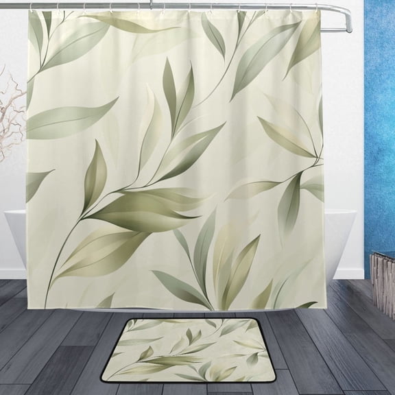 Simple Leaves Pattern Bathroom Accessory Sets Waterproof Shower Curtain with Anti-Slip Bath Mat Durable Combo