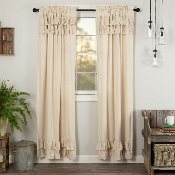 VHC Brands Simple Life Flax Natural Country Farmhouse Window Curtain Ruffled Panel Set of 2 84x40