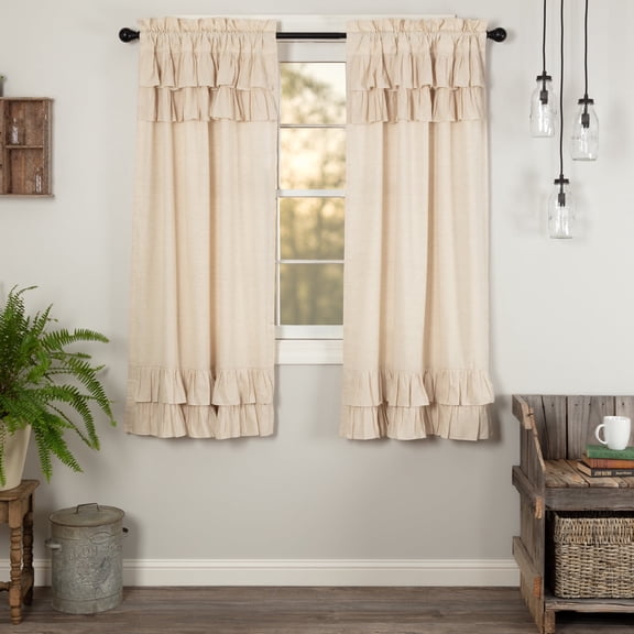 VHC Brands Simple Life Flax Natural Country Farmhouse Window Curtain Ruffled Short Panel Set of 2 63x36