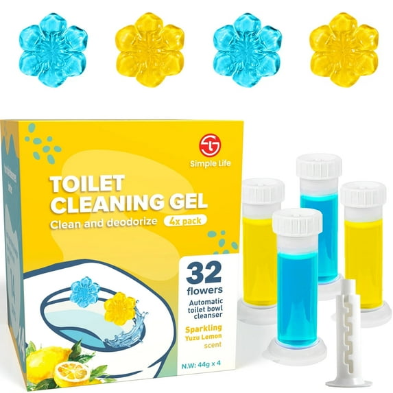 Simple Life Toilet Bowl Cleaner Gel Stamps – Fresh-Flower Scent, Stops Limescale & Stains, Deodorising Flush-Activated Gel, 32 Stamps (Blue & Yellow)