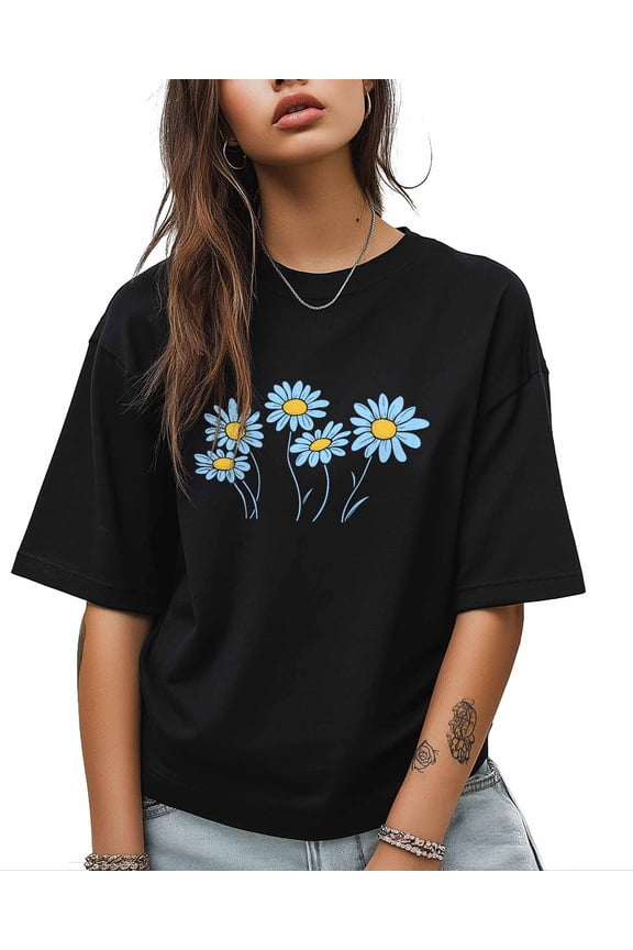 Simple Light T Shirts for Women Short Sleeve Cotton Crewneck T-Shirt Blue Yellow Daisy Floral Tee Tops Casual Basic T-Shirts, XS-5XL Black XS