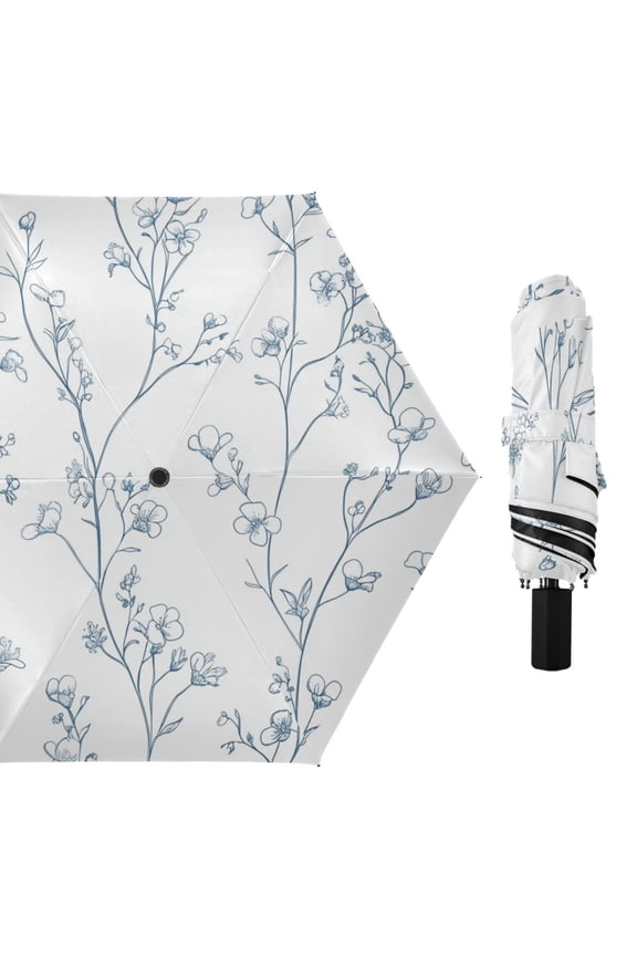 Simple Line Art Flowers All Weather Umbrella Triple Folding Parasol 6 Ribs UV Protection Portable