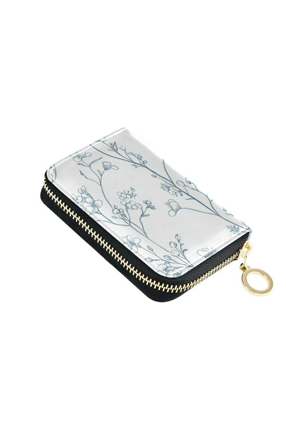 Simple Line Art Flowers Women's Credit Card Holder PU Leather Zipper Wallet RFID Blocking