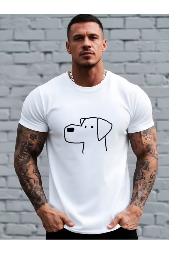 Simple Line Art Style Cute and Quirky Pet Dog Pattern Printed Clothing, Men's Outdoor Trendy Print T-shirt, Street Fashion Classic Casual Personality Short Sleeve for Him
